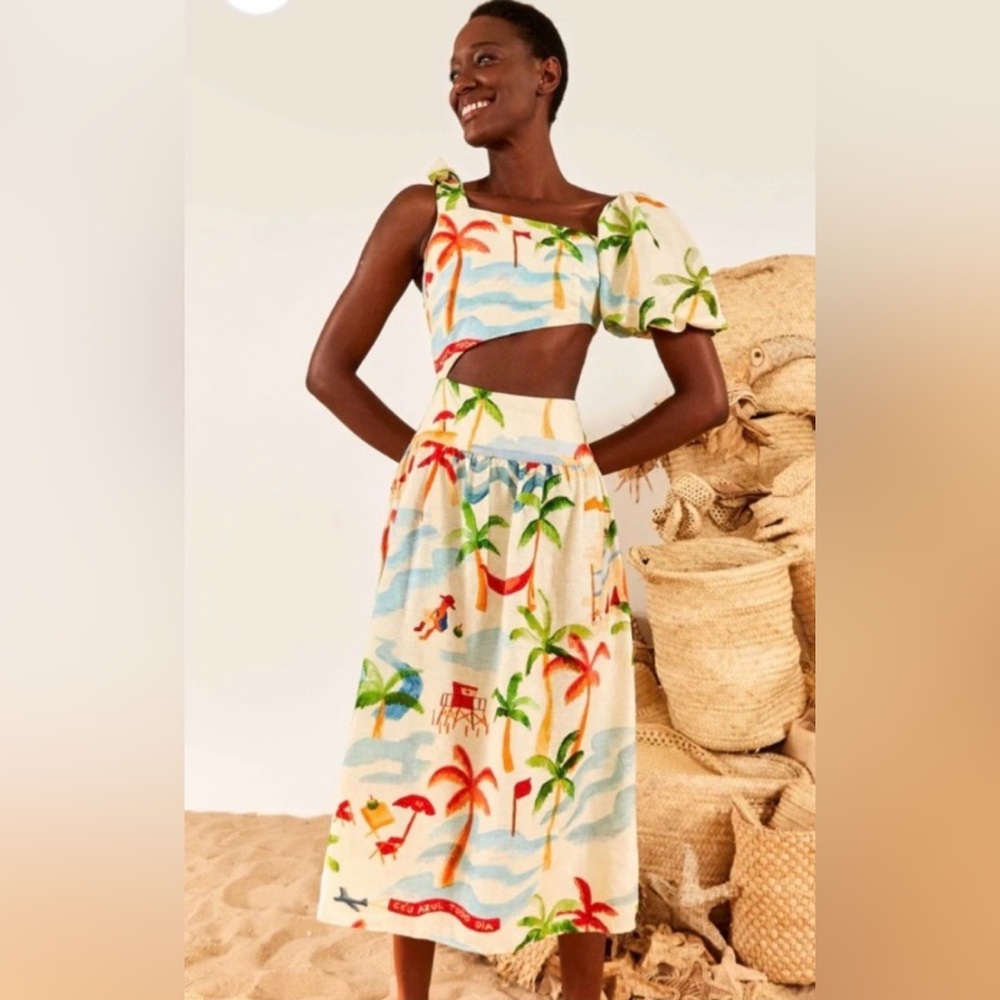 Farm Rio Copacabana asymmetric sleeve side cutout linen blend dress